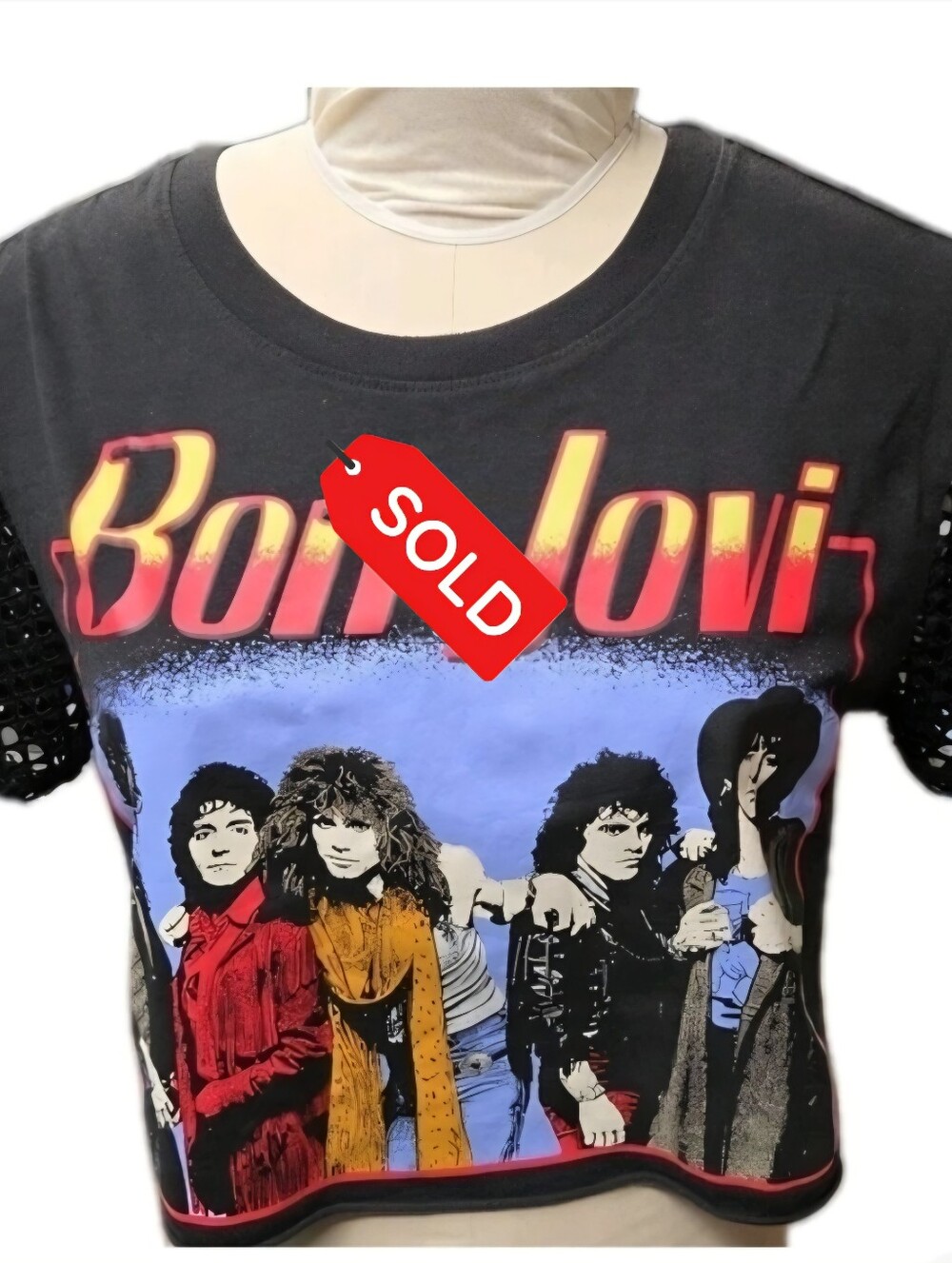 SOLD....Bon Jovi Women's Large Crop Top Shirt Fishnet Sleeve Rock Band Crew